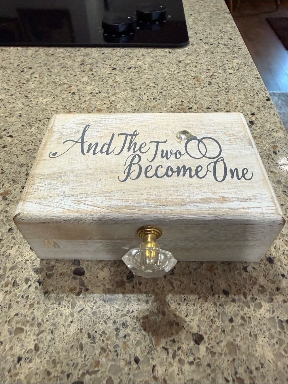 Wooden Jewelry Box "And The Two Become One" - Whitewashed with Crystal Knob